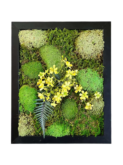 Bring tranquility home with this 16x13 inch preserved moss wall art.  Features a vibrant mix of green moss, artificial flowers, and a unique design. No maintenance required!