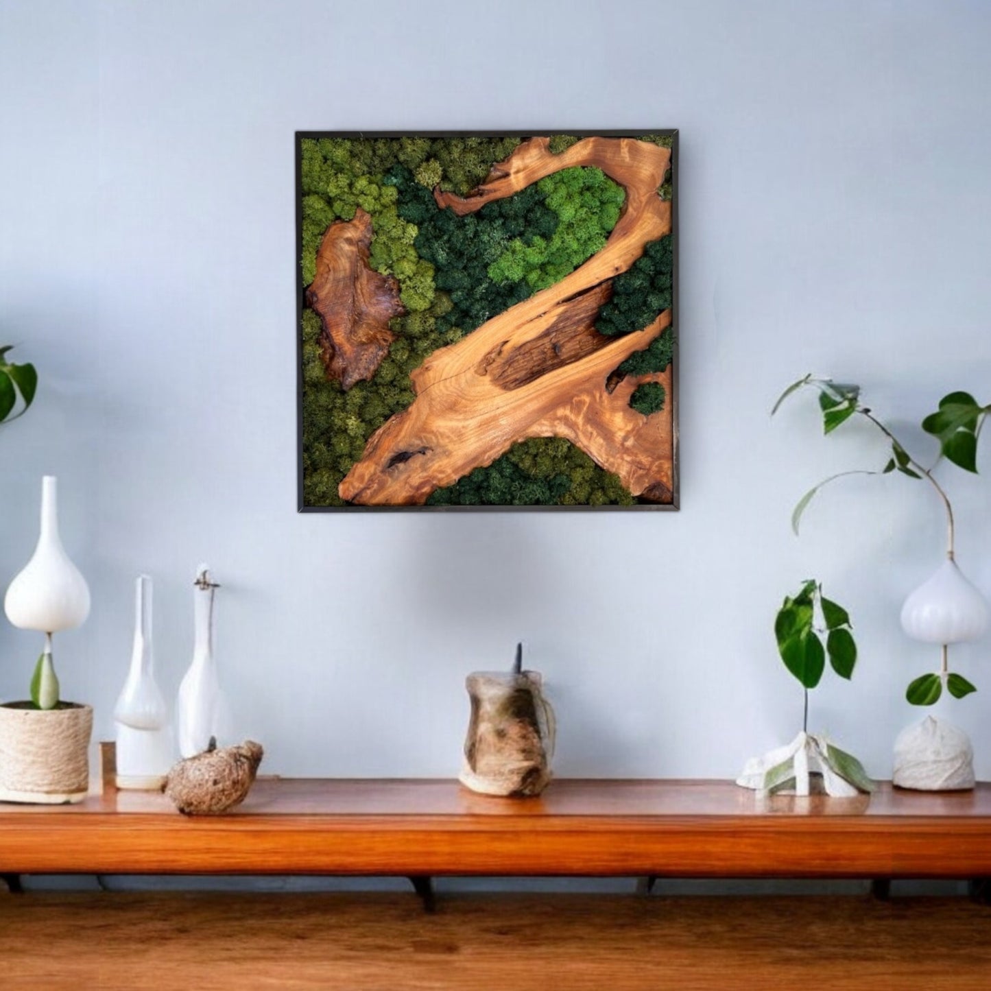 Cedar Wood Moss Wall Art | Handmade 12x12" Square Décor with planters and home decor on a table

