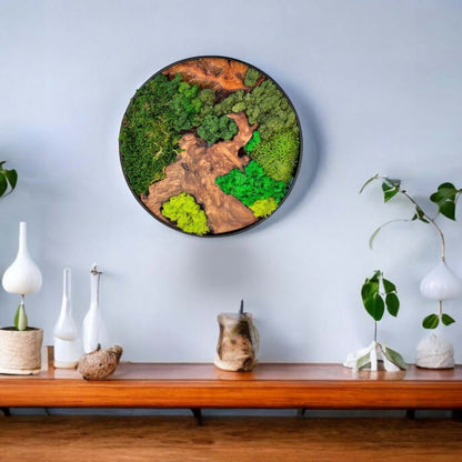 Cedar Wood Moss Wall Art | Handmade 12x12" Round Décor

