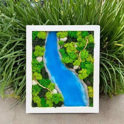 Natural Moss Wall Art | 16x13" Sky Blue Epoxy Resin River