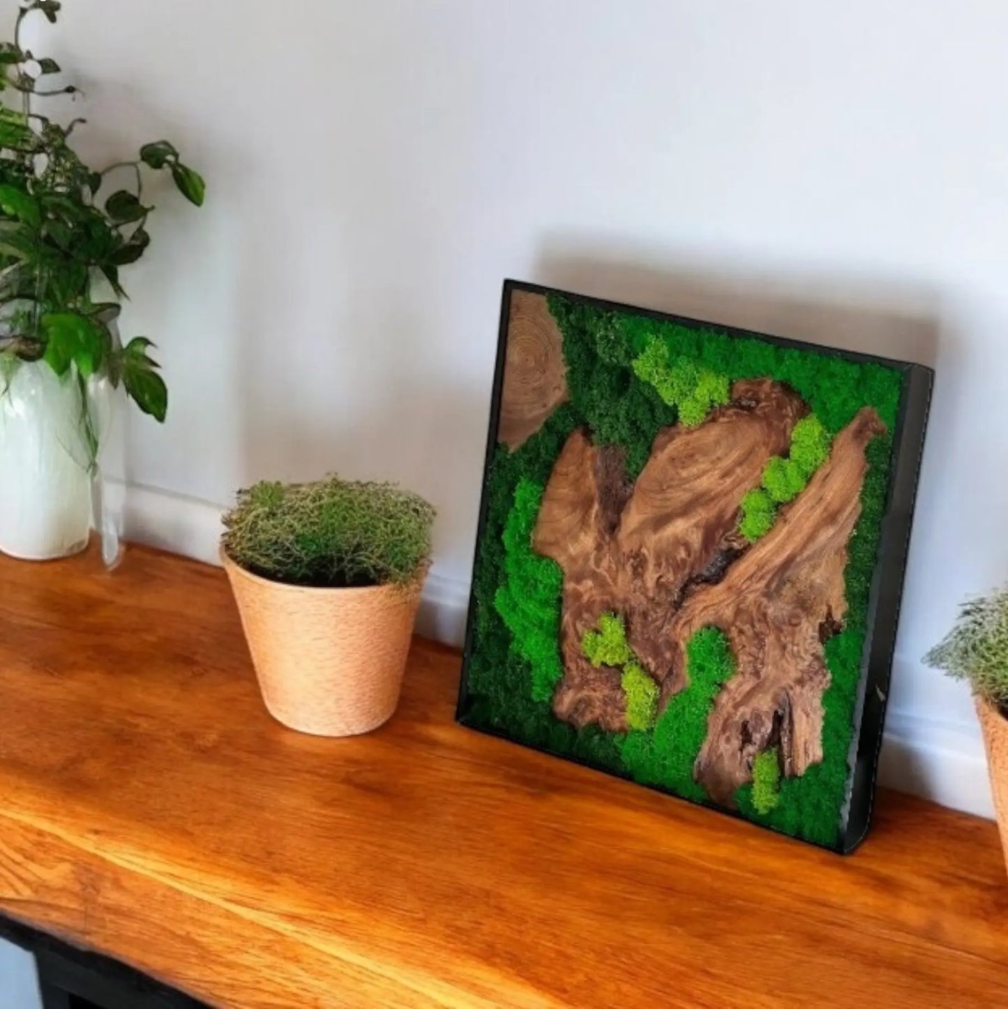 square shape cedar wood with variety of green colored preserved moss wall decor sitting on a console table next to a plant